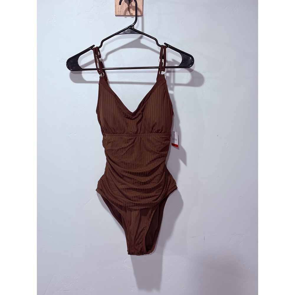 Ellen Tracy Brown Ribbed Ruched One Piece Swimsuit Adjustable Straps Womens M